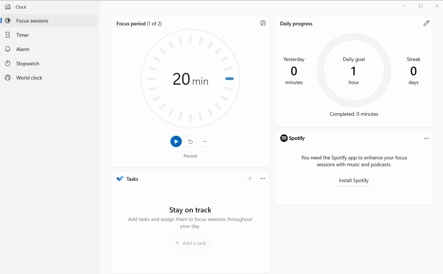 Windows 11 Focus Sessions - Showing the Focus Session Period, Progress and Spotify and Tasks add ons