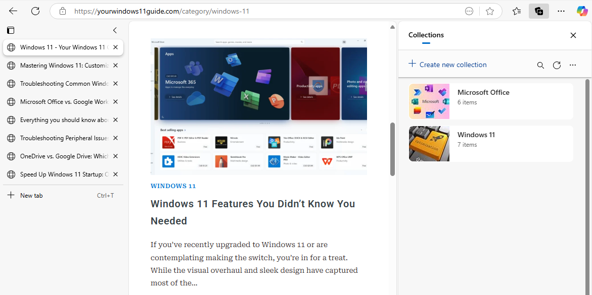Windows 11 Microsoft Edge - Showing Vertical Tabs and Collections in Edge