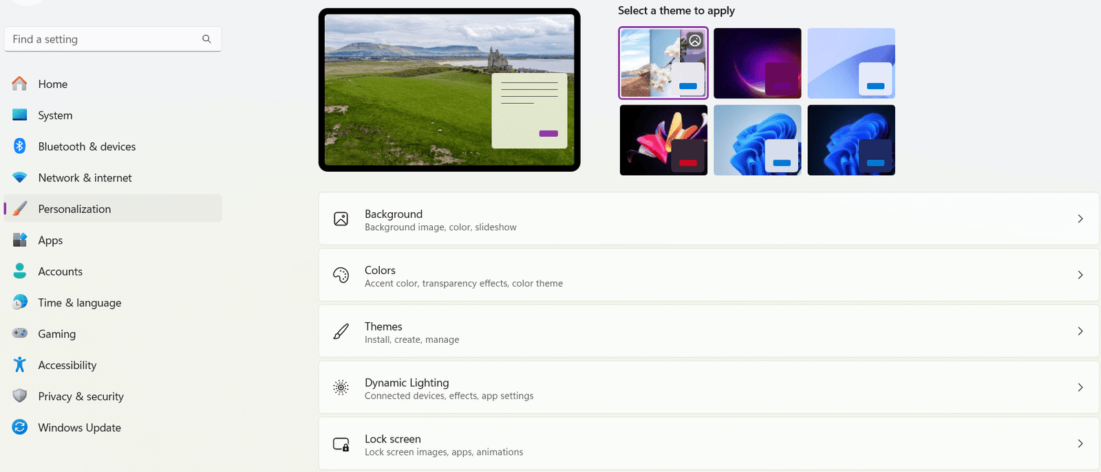 Windows 11 Settings Menu - Showing personalization tab within Windows 11 Settings menu