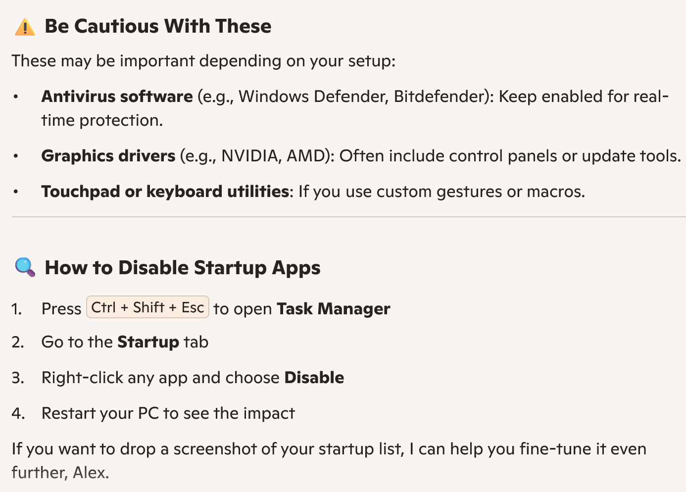 Prompt on disabling startup apps