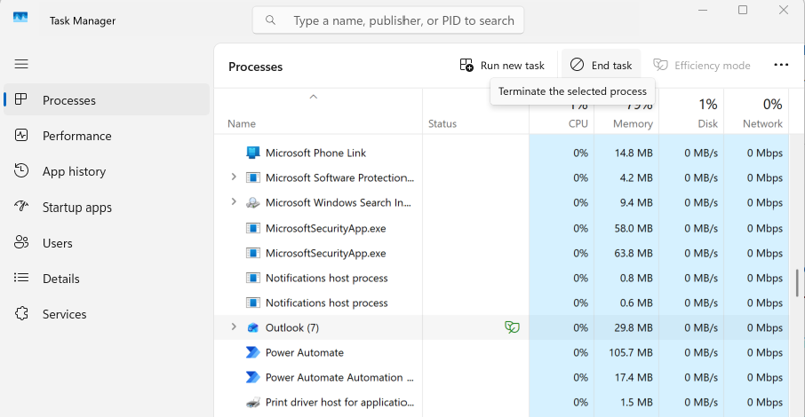 Fixing frozen apps using Task Manager’s Processes tab.