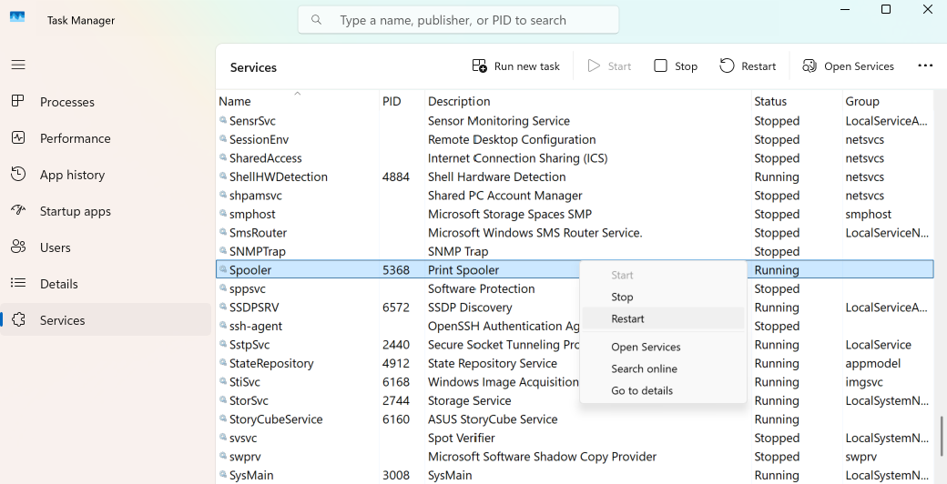 Restarting key Windows services directly from Task Manager.