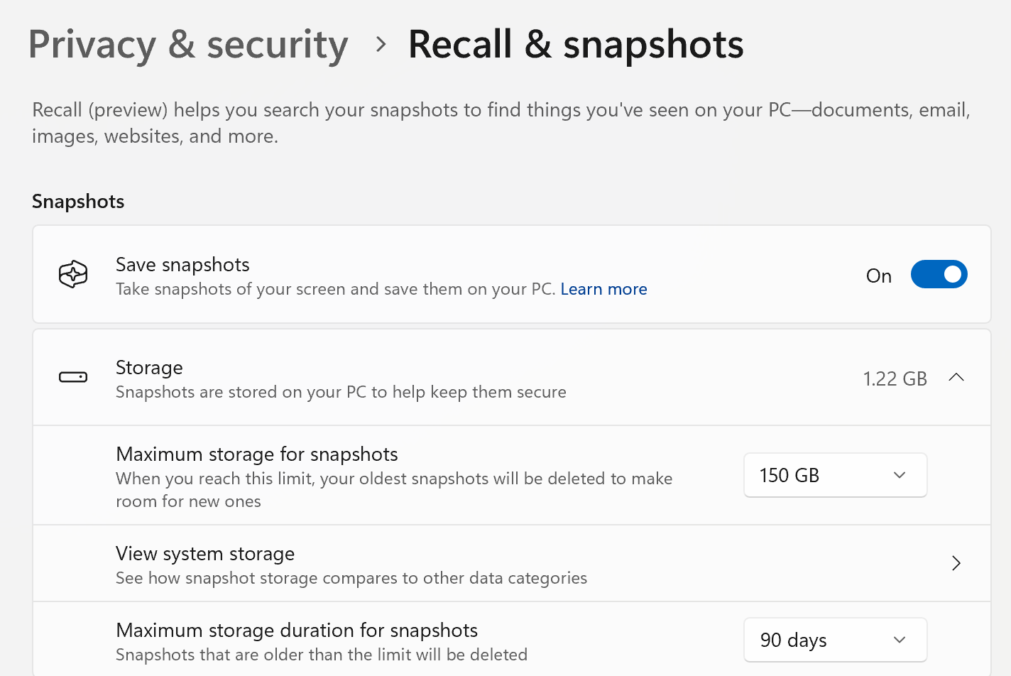 Choose storage and time snapshots are retained in Recall