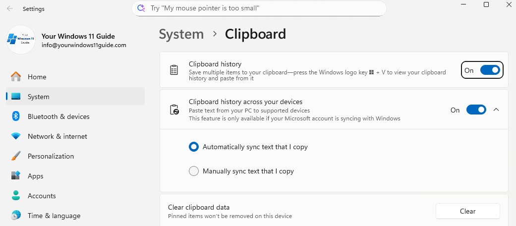 Clipboard History settings in Windows 11