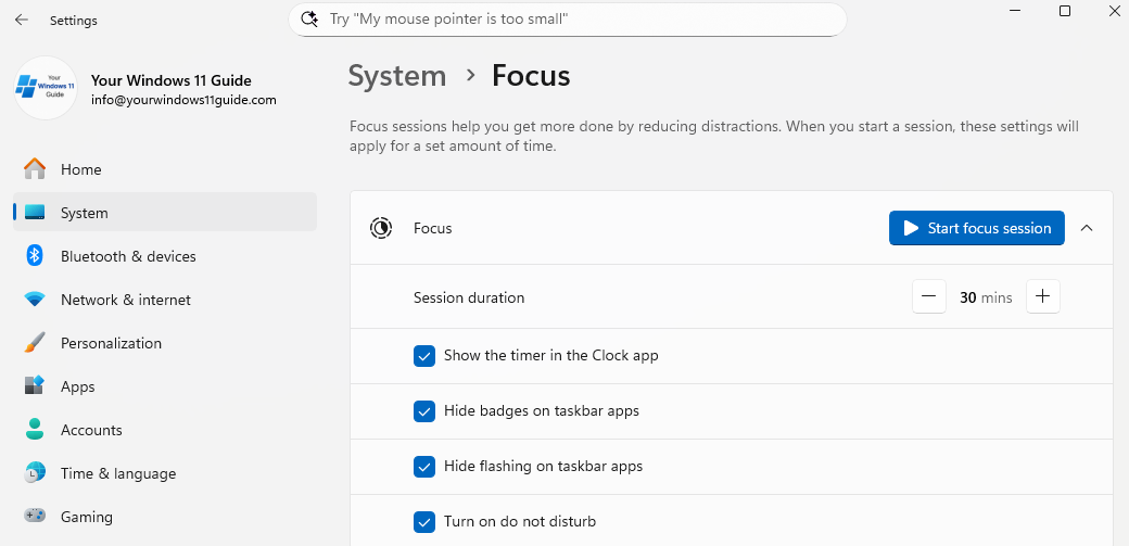 Focus Sessions settings in Windows 11