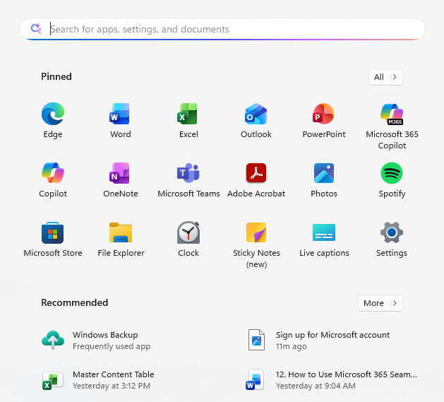 Start Menu with Recommended and Pinned sections