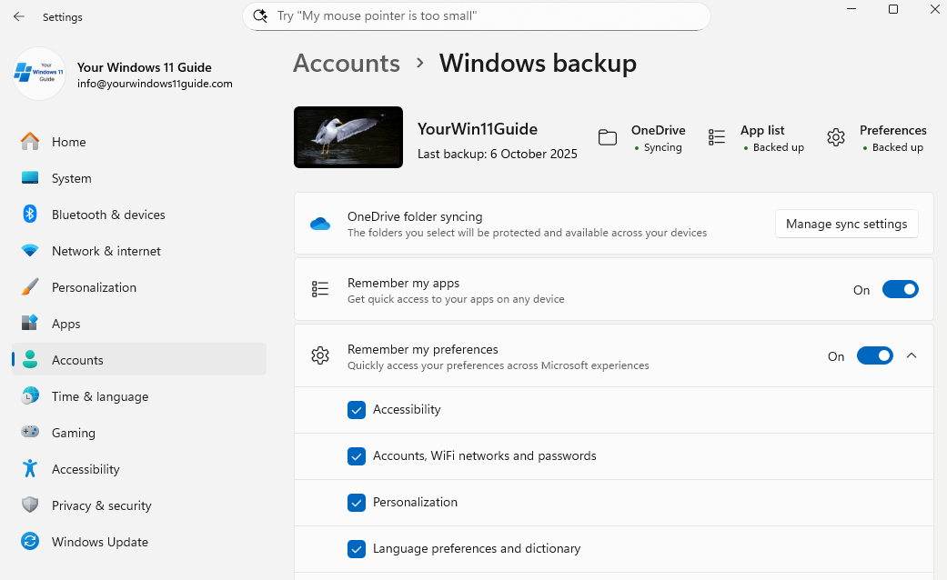 Windows backup settings for OneDrive