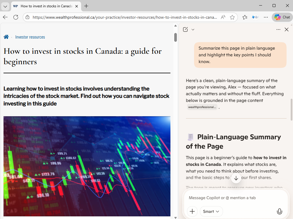 Copilot in Edge summarizing the page
