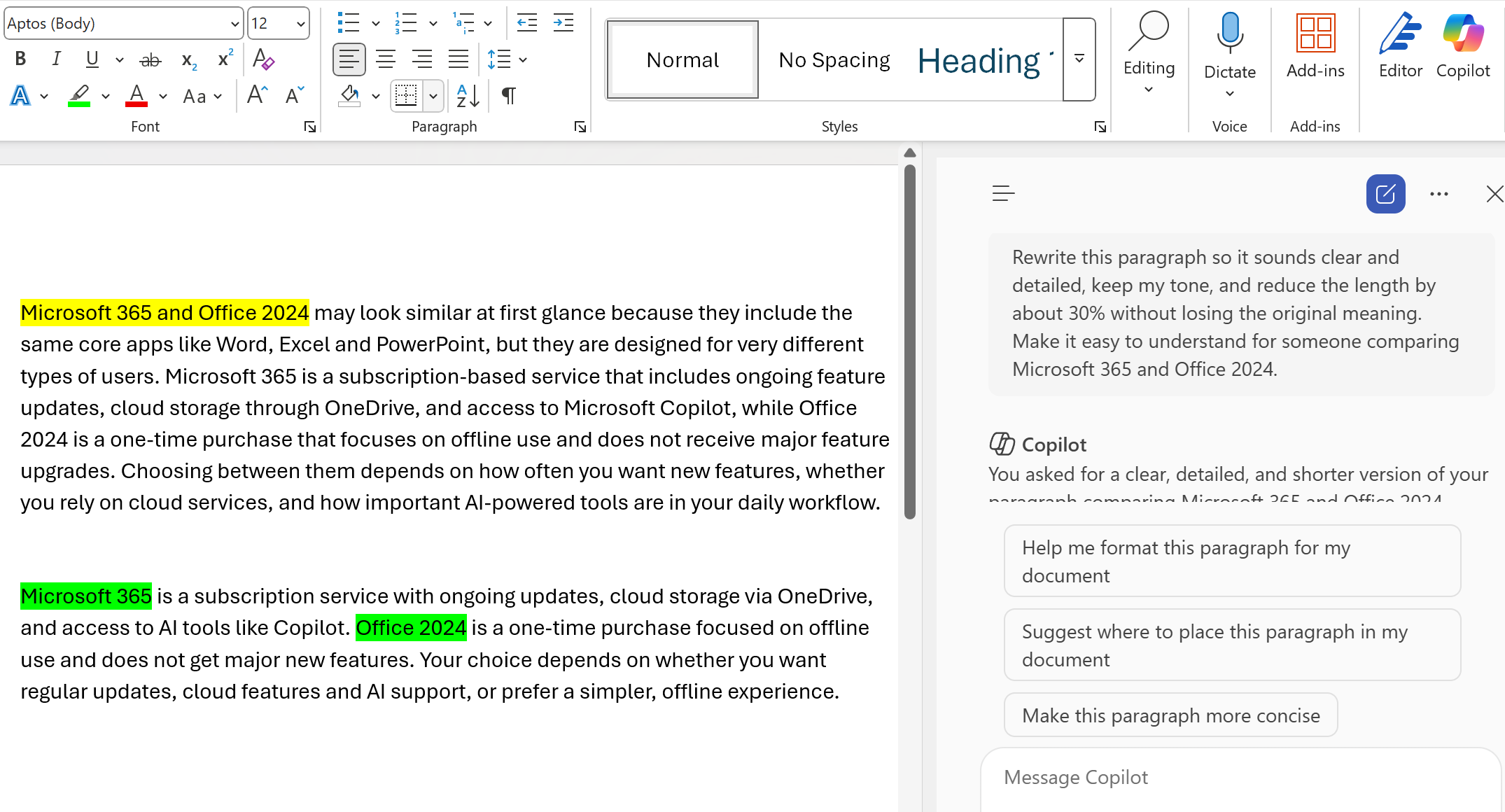 Copilot rewrites the paragraph based on the prompt