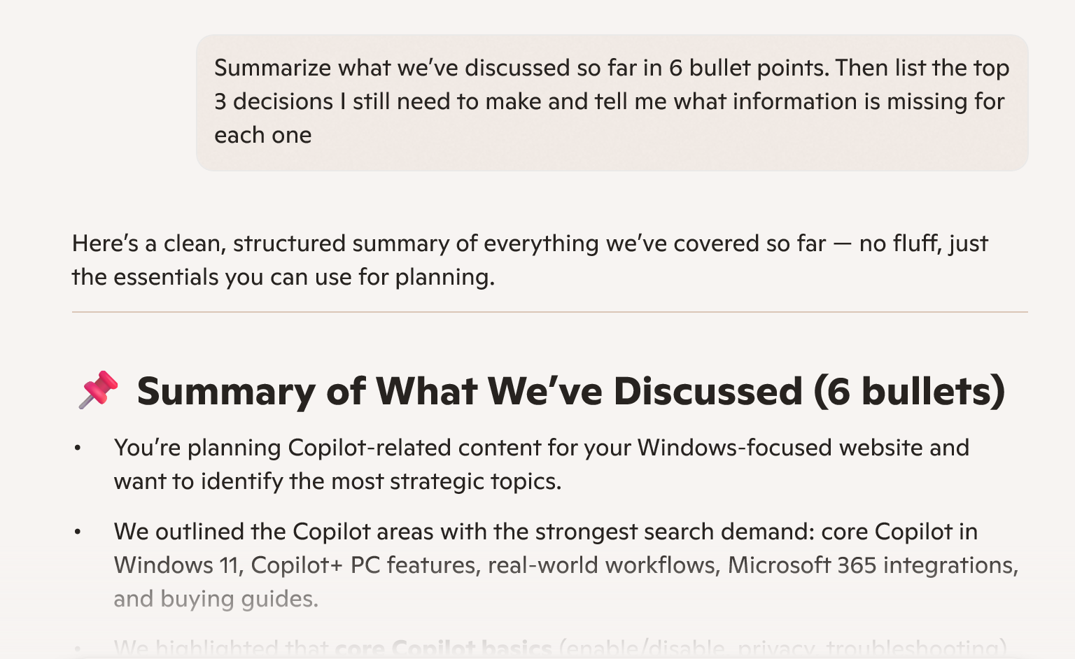 Copilot summarizing what we've discussed in bullet points