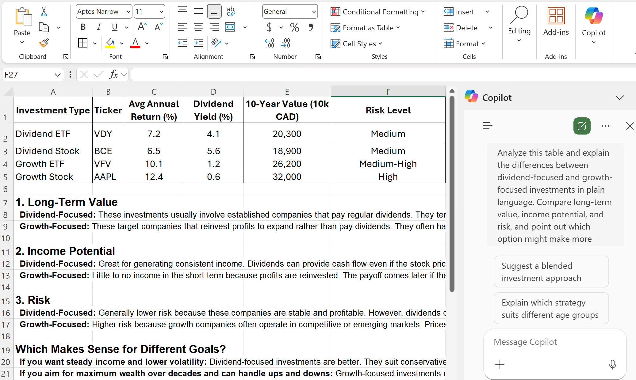 Excel analyzing divident and growth-focused investments