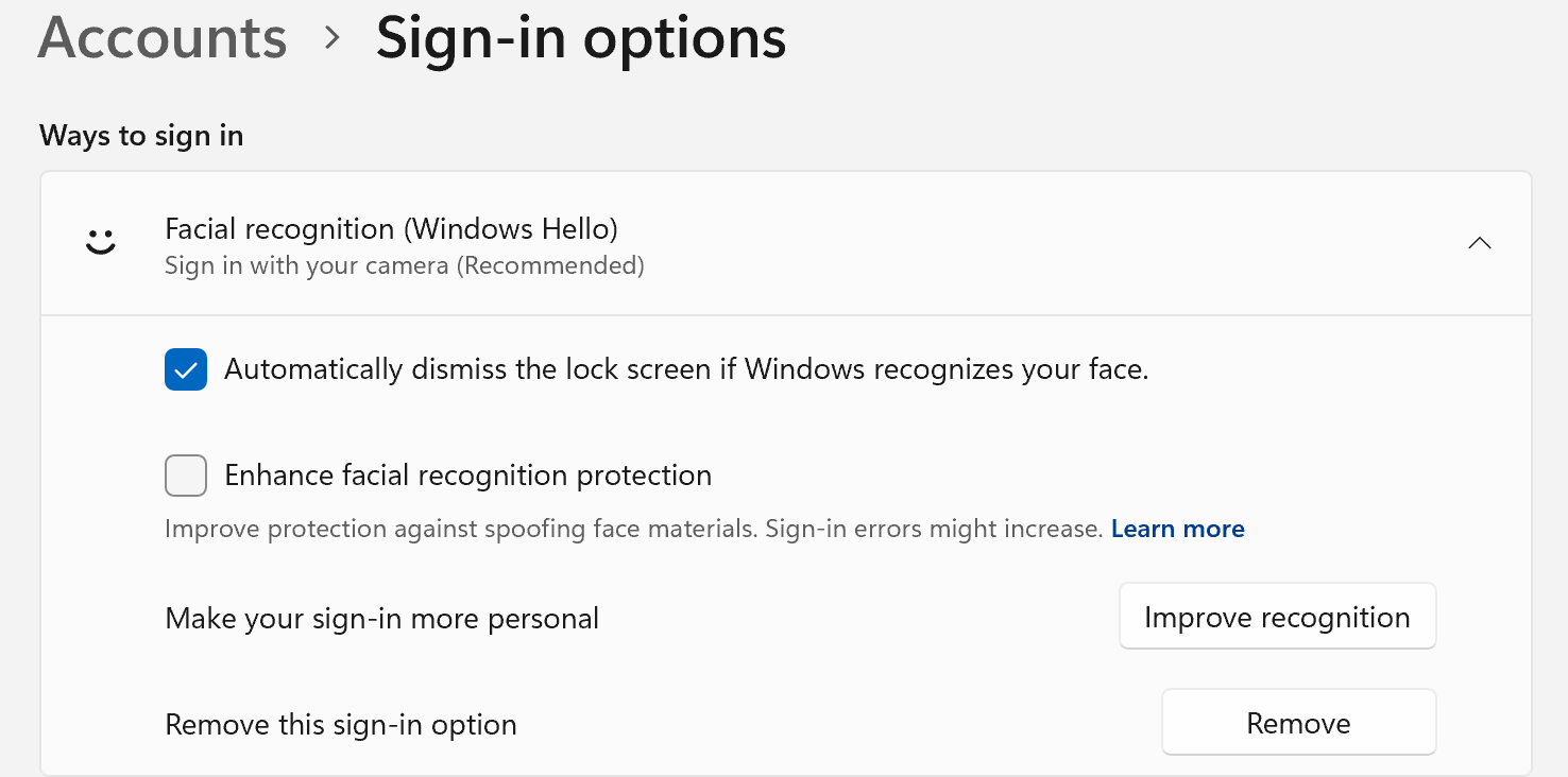 Remove the face in Windows 11 Sign in options