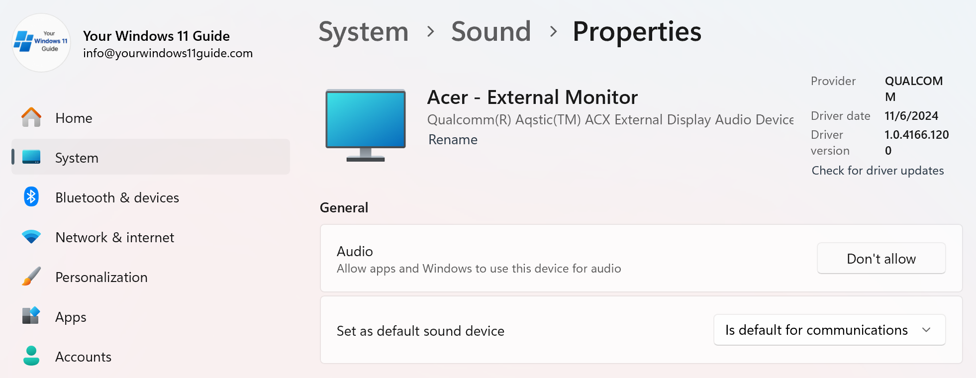 Disable External Monitor from Audio Settings in Windows 11
