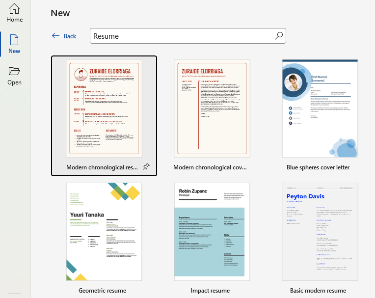 Example of using a template in Word