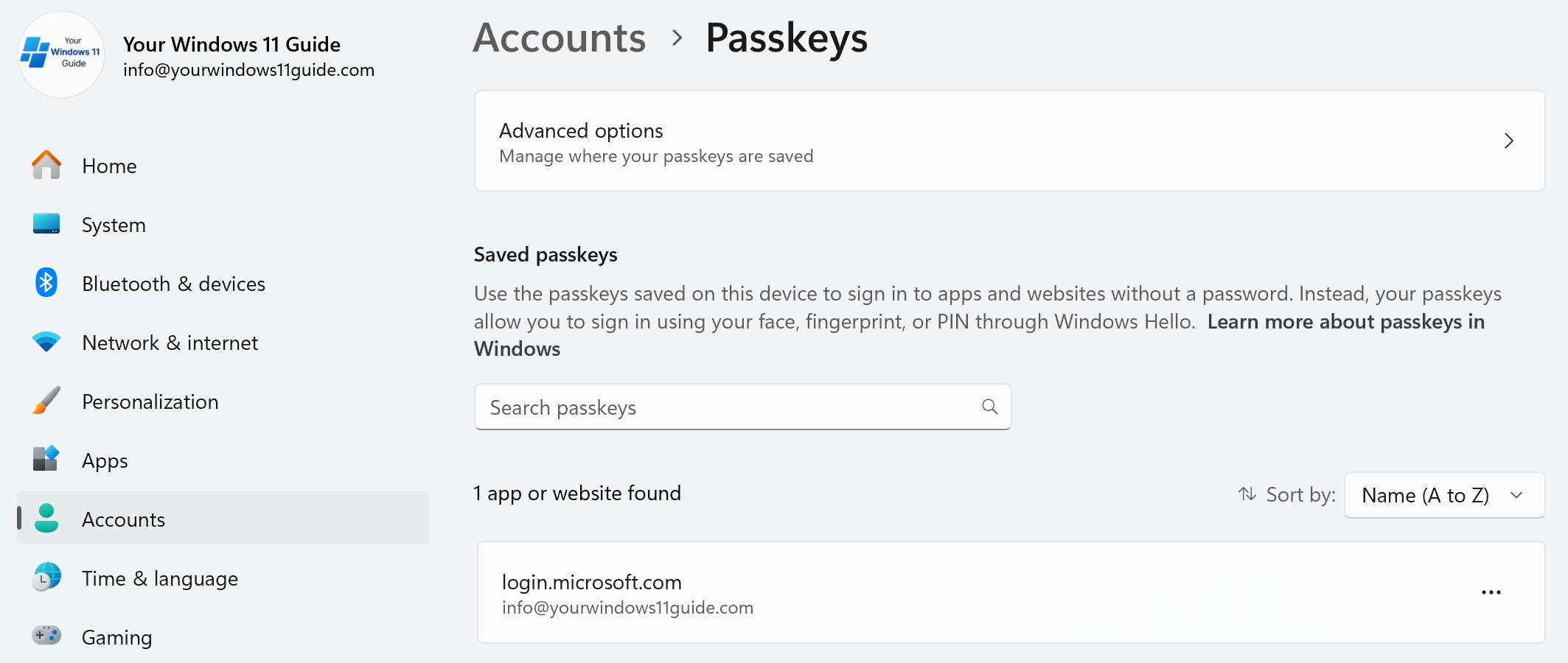Passkeys stored on a Windows 11 PC can be viewed and removed from Settings
