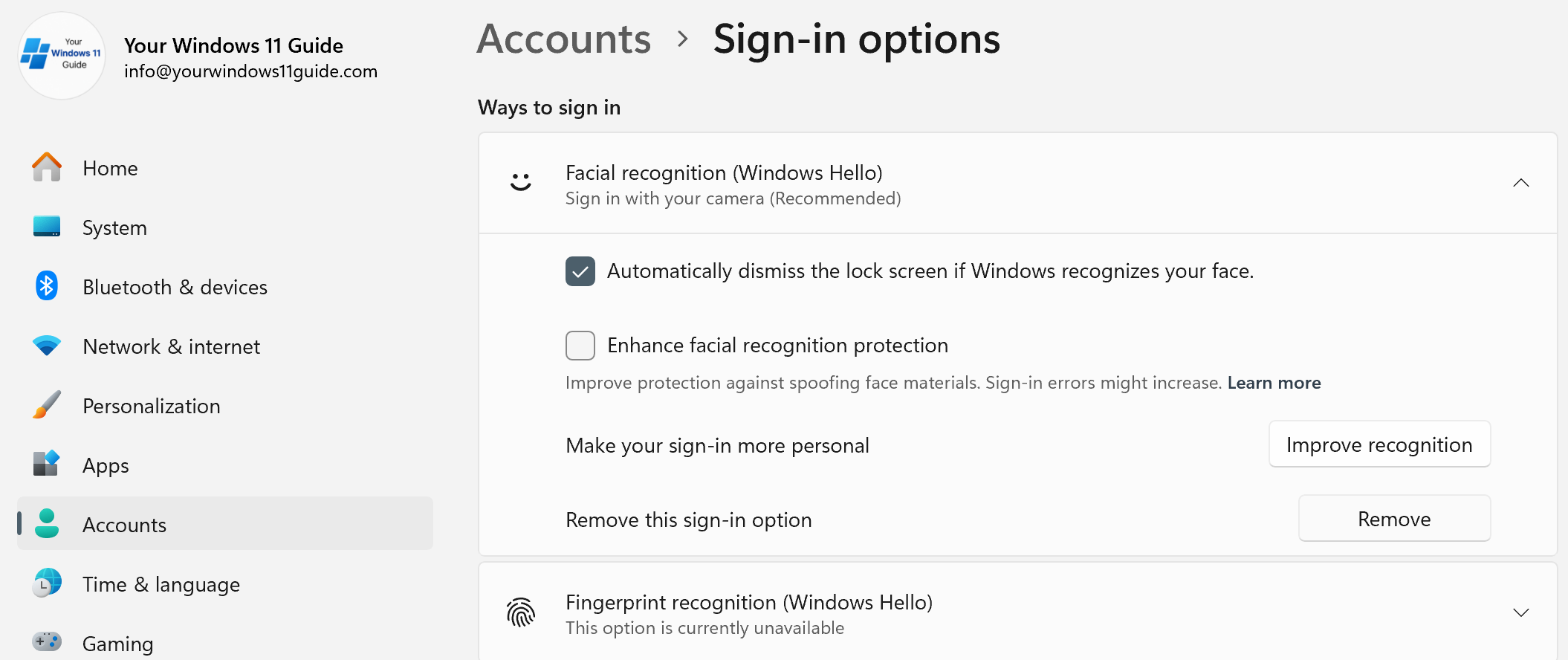 Remove facial recognition if the Passkey is not working in Windows 11