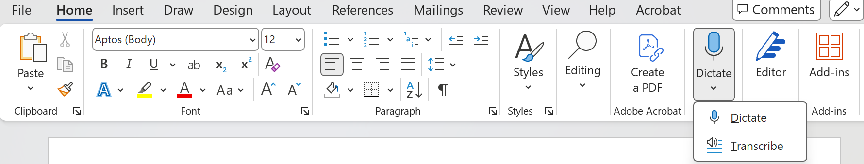 Ribbon in Word showing Dictate, Transcribe and Editor options