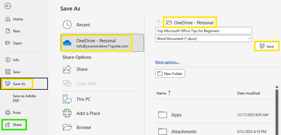 Saving or Sharing a Word file in OneDrive