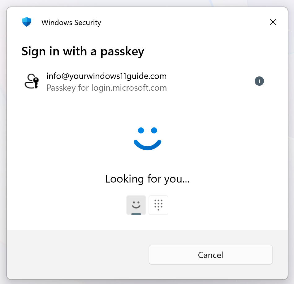Windows Hello facial recognition looking for the face - a passkey sign-in in Windows 11