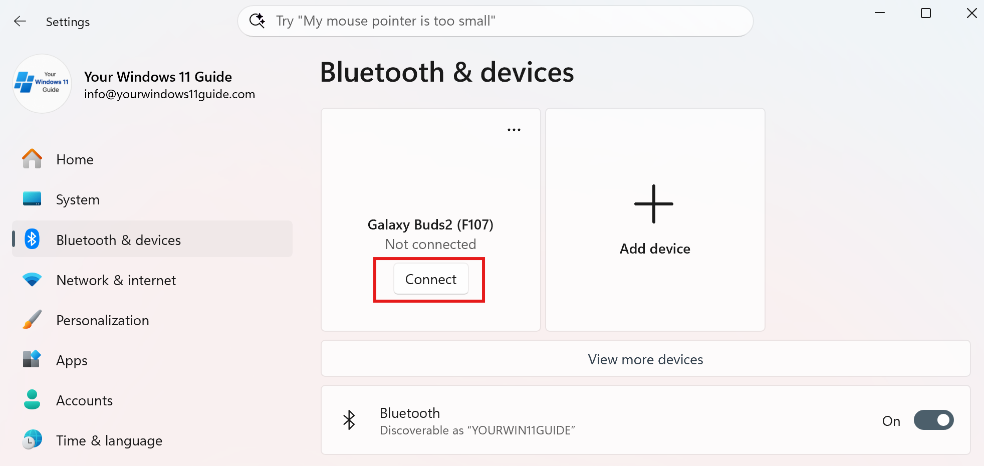 Click Connect for Bluetooth device that's paired but not connected
