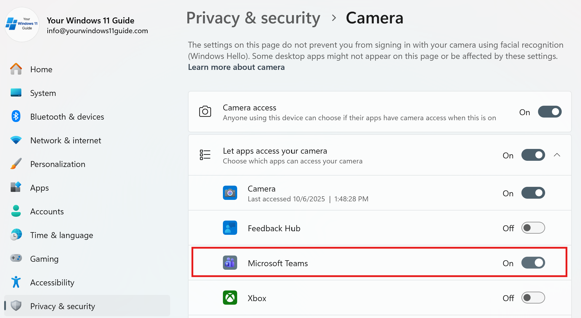 Enable camera access for the specific app in Windows 11