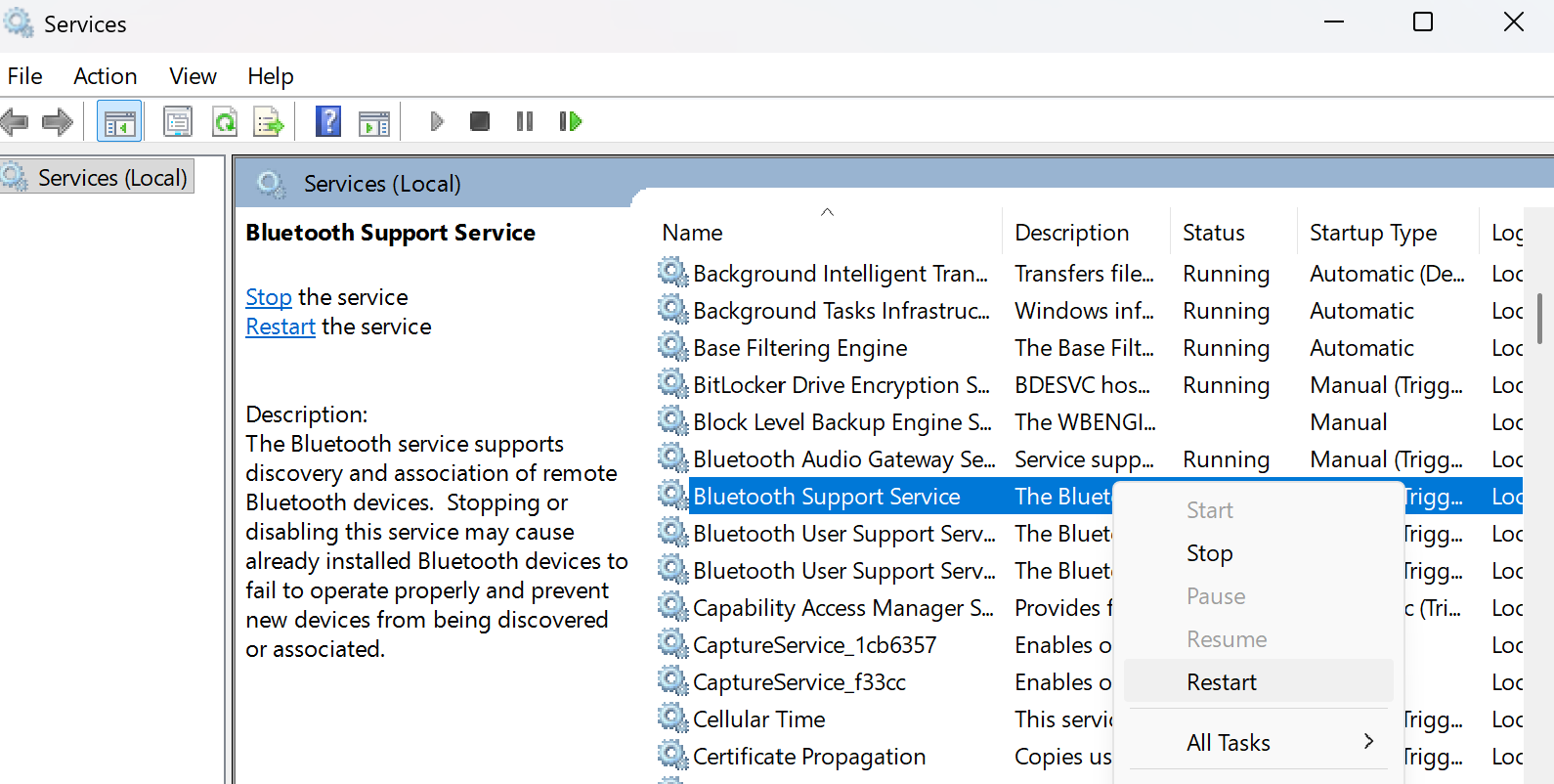 Restart the Bluetooth Support Service in Windows 11
