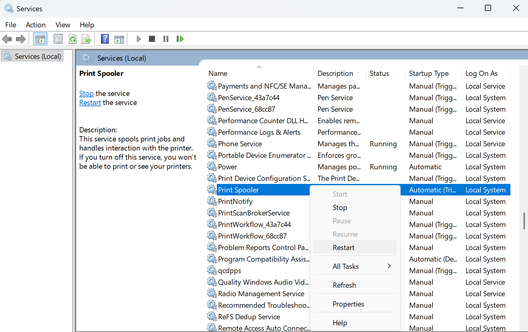 Restart the Print Spooler service in Windows 11