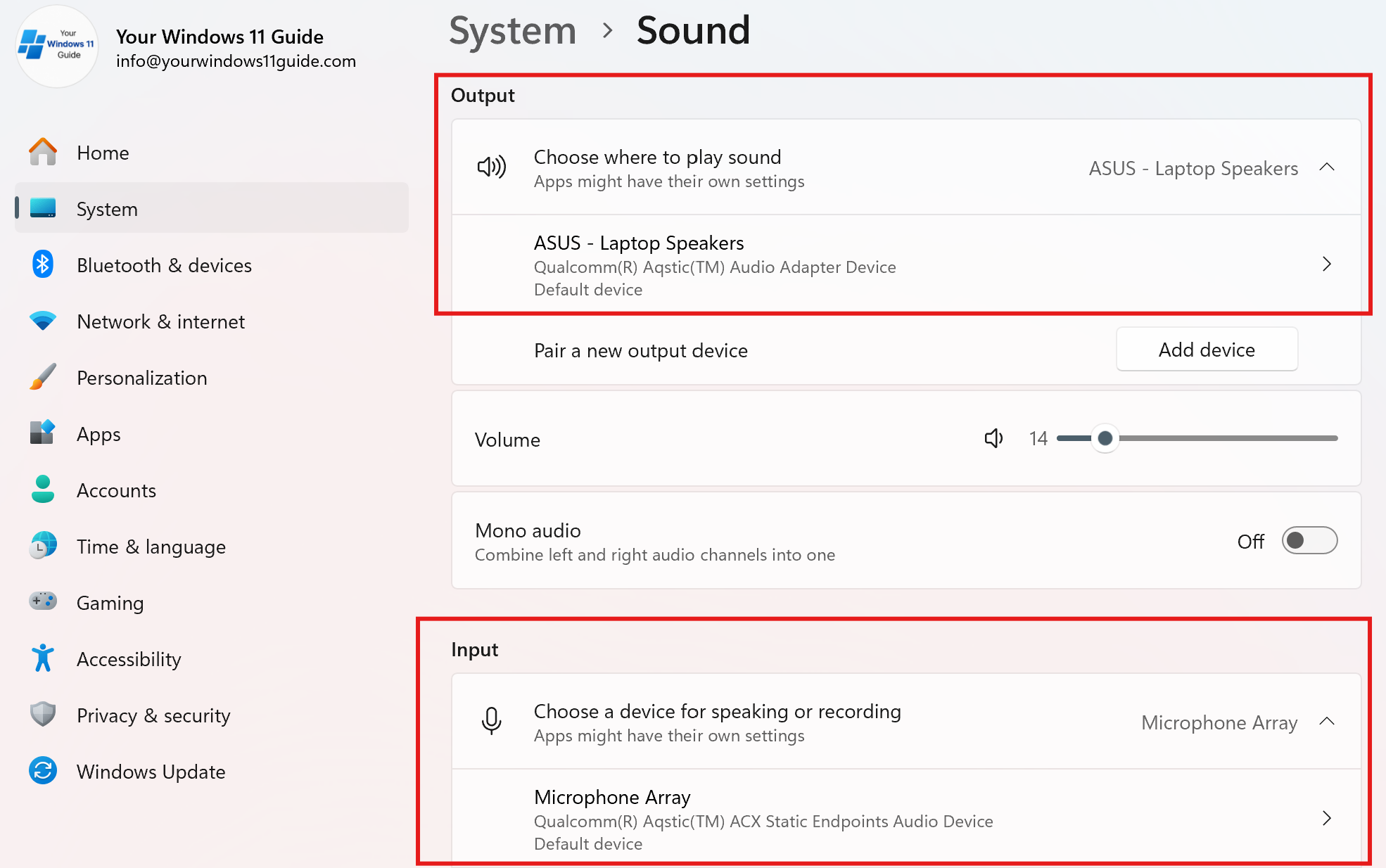 Sound settings showing Output and Input device selection