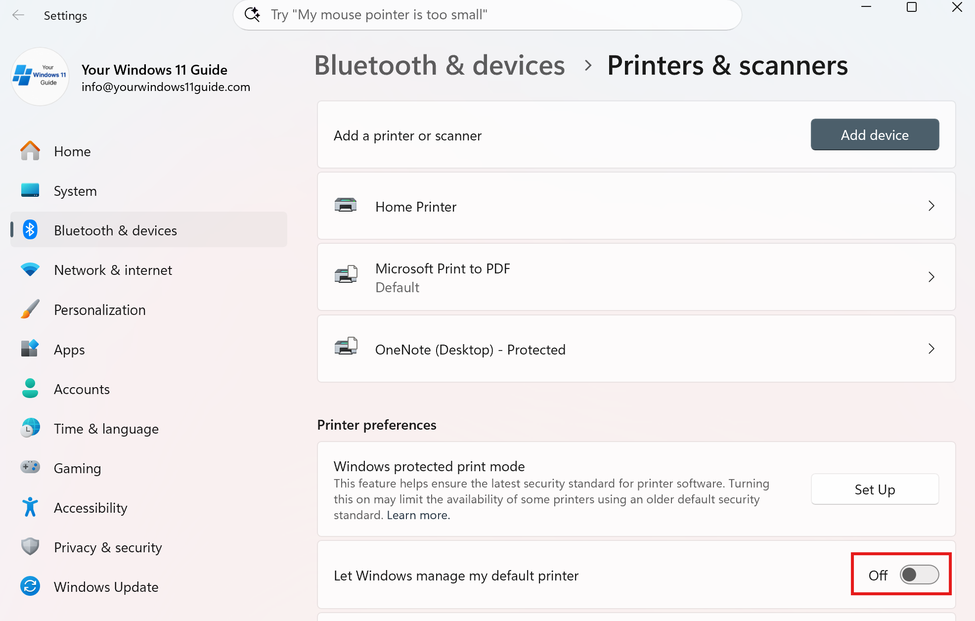 Uncheck Let Windows manage my default printer