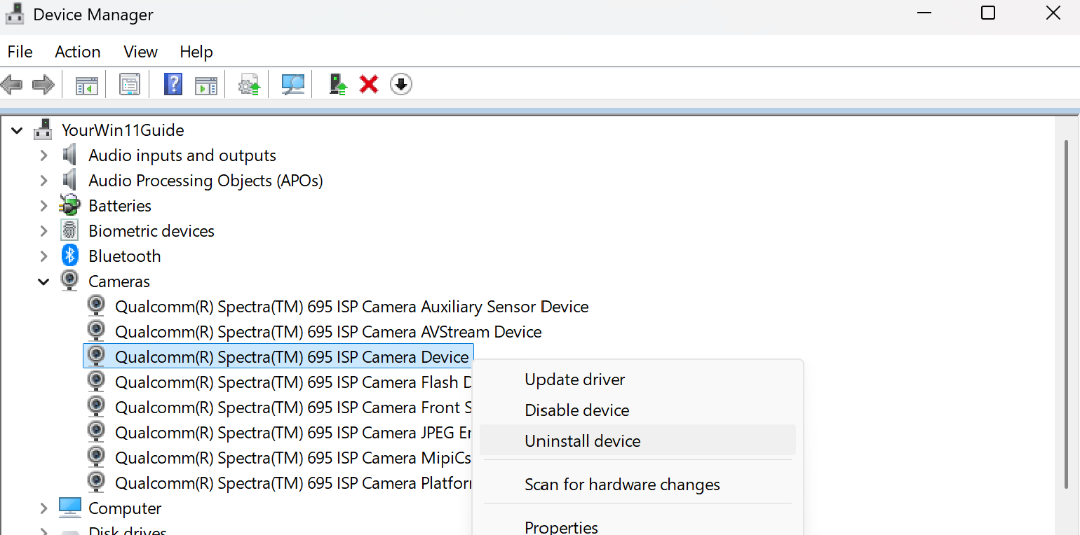 Uninstall camera driver from Device Manager