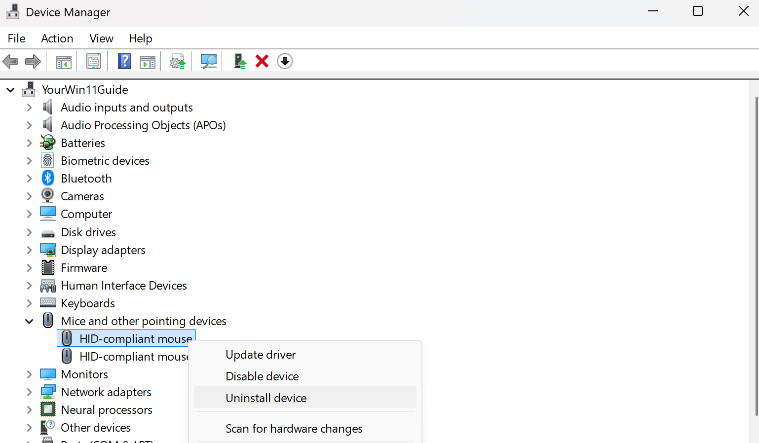 Uninstall the device - mouse from Device Manager