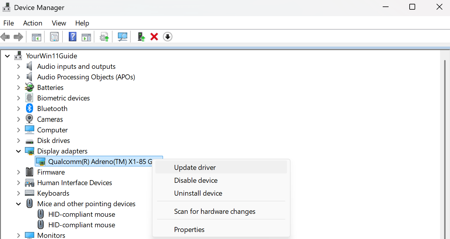 Update the display adapter driver in Device Manager